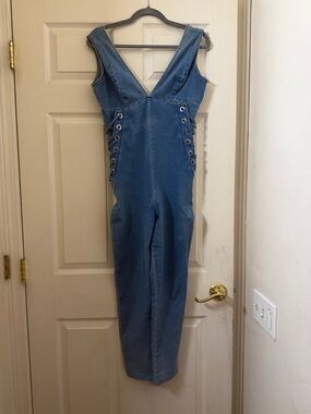 Jeans Denim Lace-Up V-Neck Jumpsuit - Blue